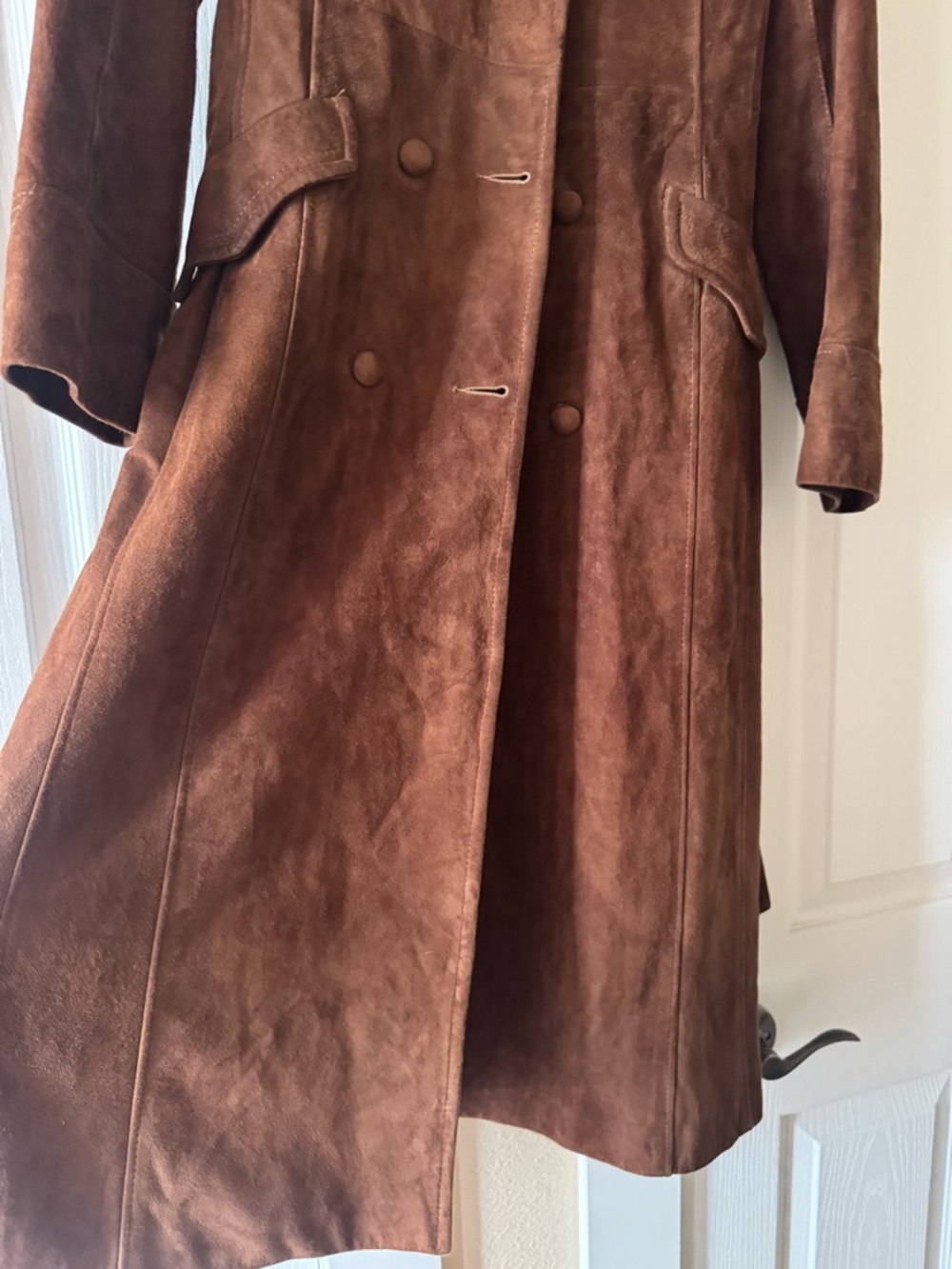 Vintage Women's chocolate Brown Suede Long Double-Breasted Coat trench coat - Picture 5 of 6